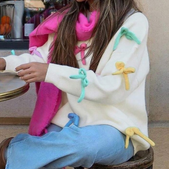 Cozy Colorful Bow Oversized Pullover Sweater top
